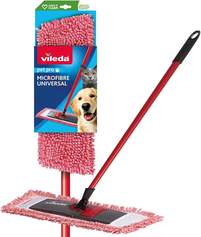 "Vileda Pet Pro Microfibre Universal Flat Mop With Handle For Wet & Dry Cleaning, Pad 47 X 15.5 Cm & Adjust Stick 75cm To 130 Cm"