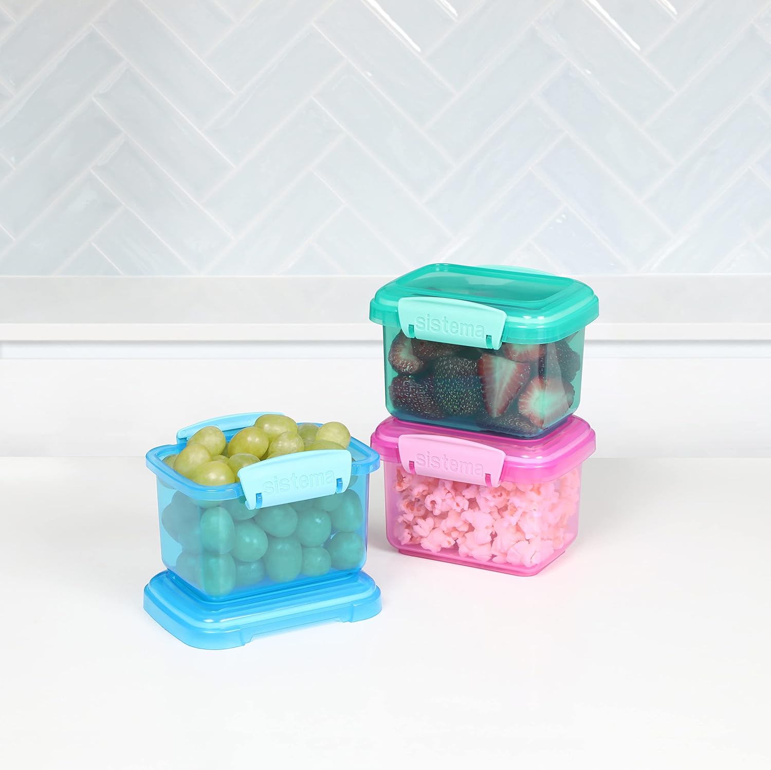" Sistema 3-Piece Food Storage Containers with Lids for Lunch, Meal Prep, and Leftovers, Dishwasher Safe, 1.6-Cup, Blue/Green/Pink "
