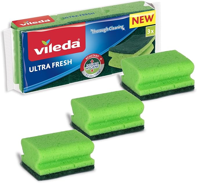 "Vileda ULTRA FRESH High Foam Sponge | Anti-bacterial* | Deep Cleaning Scouring | Multipack 3 Pcs"