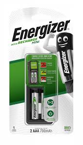 Energizer mini charger with two AAA rechargeable batteries, compact charging device for AAA batteries, black and white design.