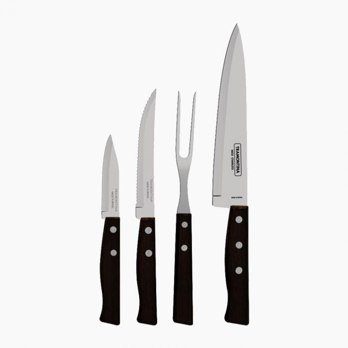 Traditional TRAMONTINA wooden-handled knife set with polished blades, displayed on a neutral background.