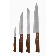 Traditional Tramontina wooden-handled knife set with multiple knives on display, showcasing polished blades and wooden handles.