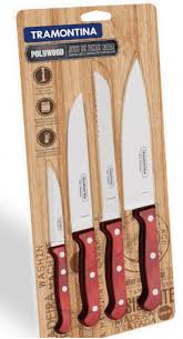 Polywood knife set with wooden handles by Tramontina, featuring multiple knives arranged on a white background.