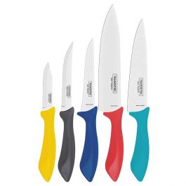 TRAMONTINA AFFILATA knife set with stainless steel blades and black handles, displayed on a white background.