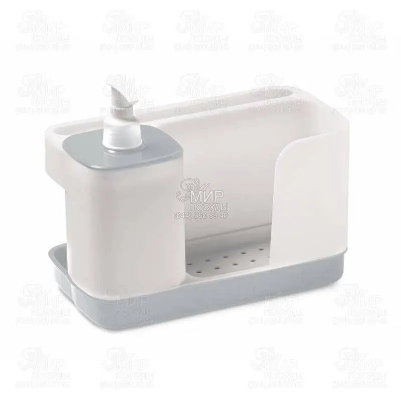 Snips soap and brush holder for bathroom sink, plastic container with soap and cleaning brushes for countertop organization