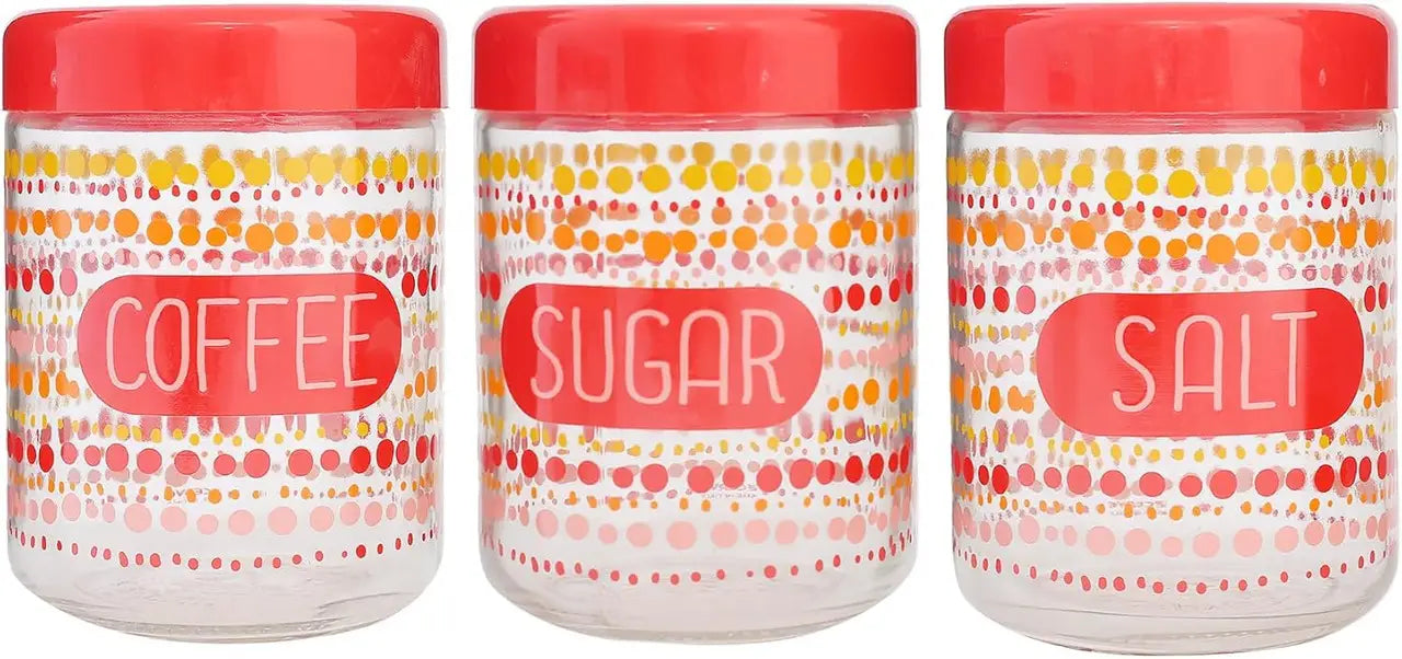 Set 3 Barattoli in vetro Sale, Caffè, Zucchero Con Decoro a Pois 80 cl Cerve