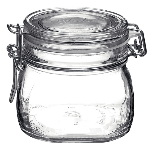 Bormioli FIDO glass jar with clamp lid, airtight storage container for kitchen or pantry use, clear and sturdy design.