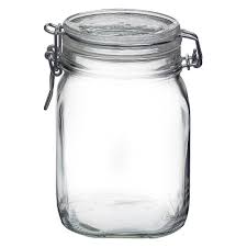 Bormioli FIDO glass jar with metal clamp lid, airtight storage container for food preservation, shown with lid closed.