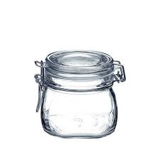 Bormioli Delivery glass jar with metal lid, transparent storage container for kitchen or pantry organization.