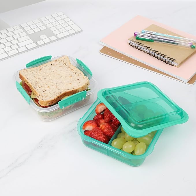 " Sistema Lunch Stack Square To Go Lunch Box | 1.24 L Food Container with Bento-Style Compartments | BPA-Free | Assorted Colors "
