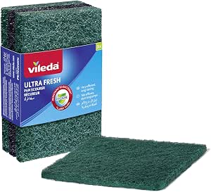 "Vileda Ultra Fresh pan scourer | Highly hygienic |Green abrasive surface | Excellent cleaning power | Antibacterial treatment | Removes dirt without effort |"