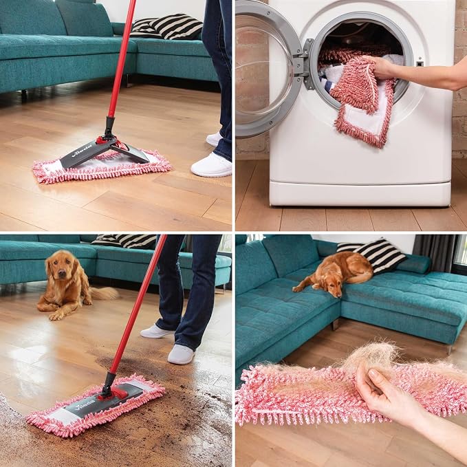 "Vileda Pet Pro Microfibre Universal Flat Mop With Handle For Wet & Dry Cleaning, Pad 47 X 15.5 Cm & Adjust Stick 75cm To 130 Cm"
