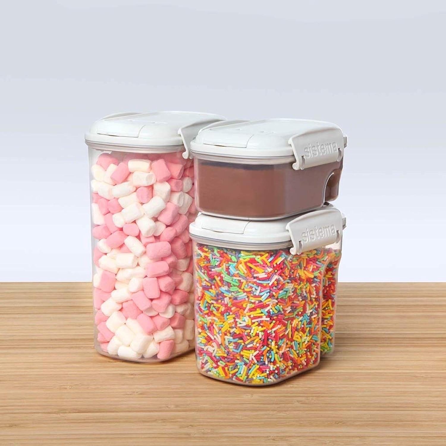 " Sistema Bake It Collection 3 Pack Stack & Pour, Plastic, Clear/White "