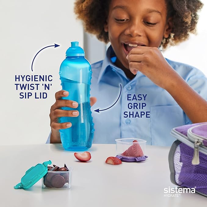" Sistema Twist 'n' Sip Squeeze Sports Water Bottle, Leakproof Water Bottle, BPA-Free, Assorted Colours, 620 ml "