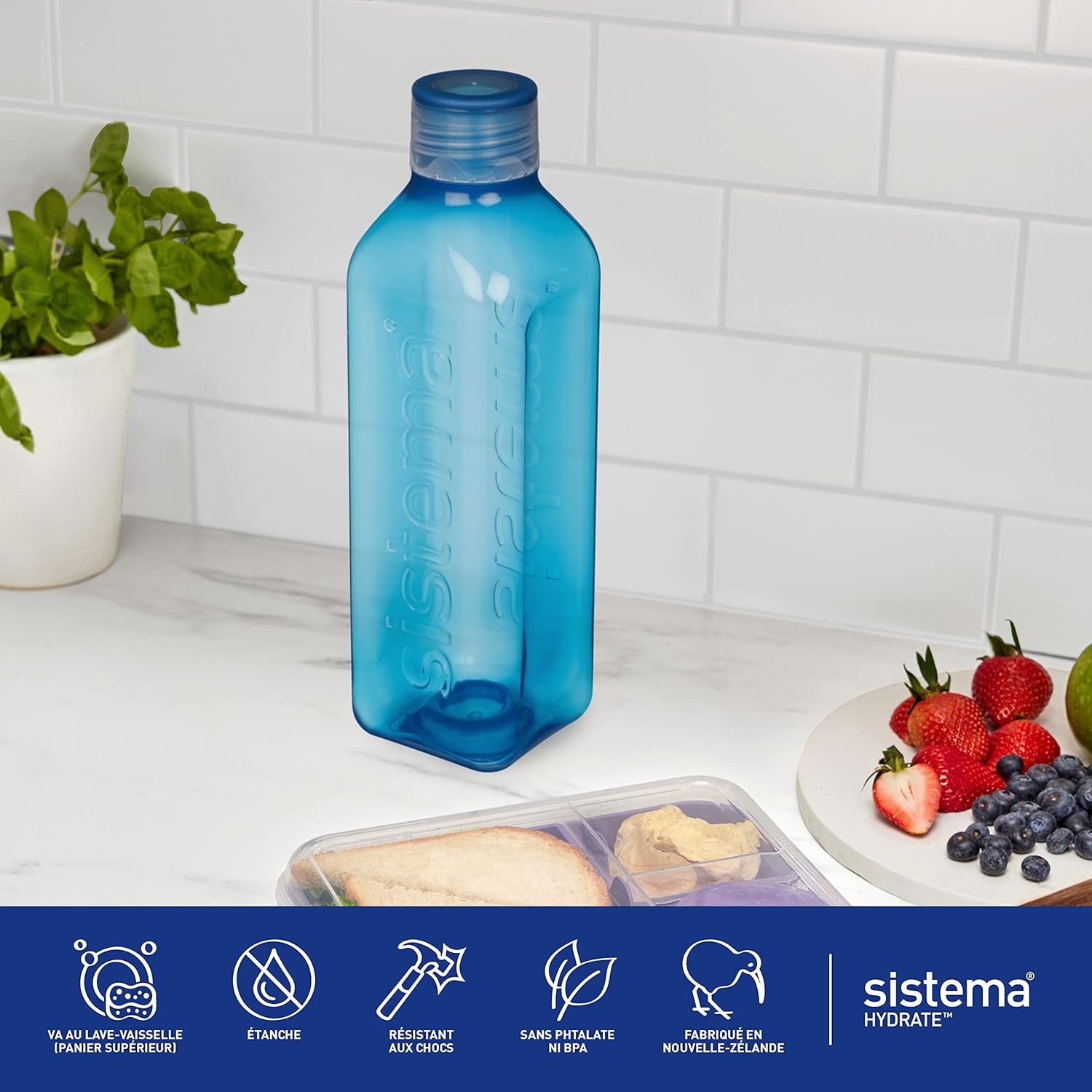 " Sistema Square Water Bottle, 1 L Colours, Assorted Color "