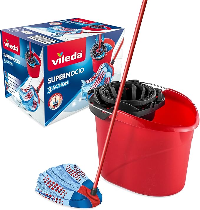 "Vileda SuperMocio 3Action Large Microfibre Mop & Bucket Box Set, 3 Fibres, Removes 99% of Bacteria with Water "