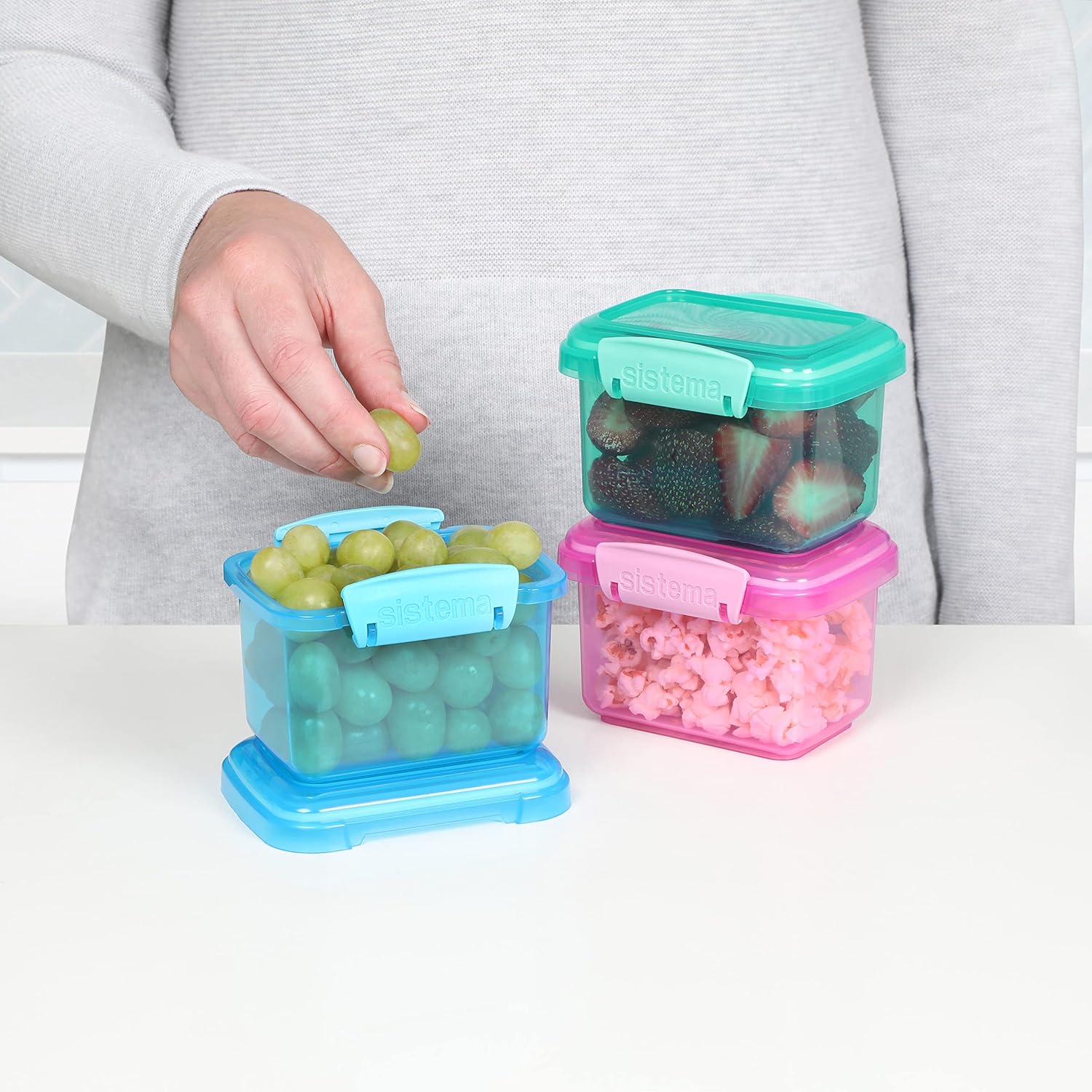" Sistema 3-Piece Food Storage Containers with Lids for Lunch, Meal Prep, and Leftovers, Dishwasher Safe, 1.6-Cup, Blue/Green/Pink "