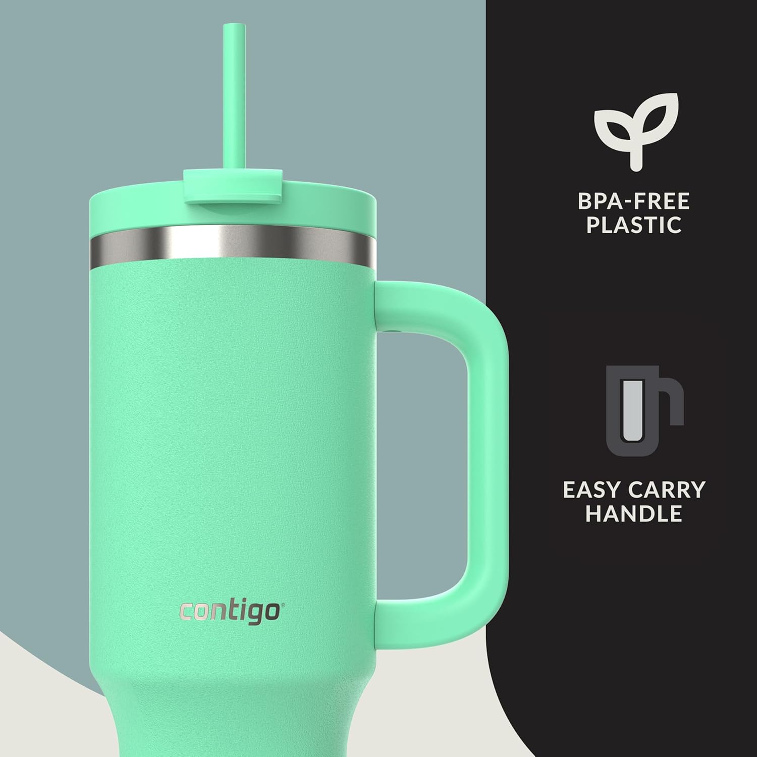 Contigo 40 oz Tumbler with Handle Insulated Stainless Steel Water Bottle with Straw and Lid Cold for 29 Hours Travel Mug Insulated Flask BPA Free Reef