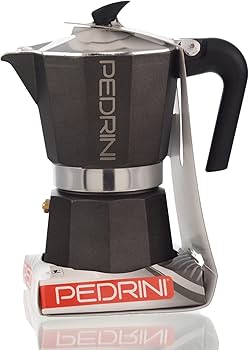 Aluminum coffee maker by PEDRINI with a sleek, modern design and a shiny metallic finish.