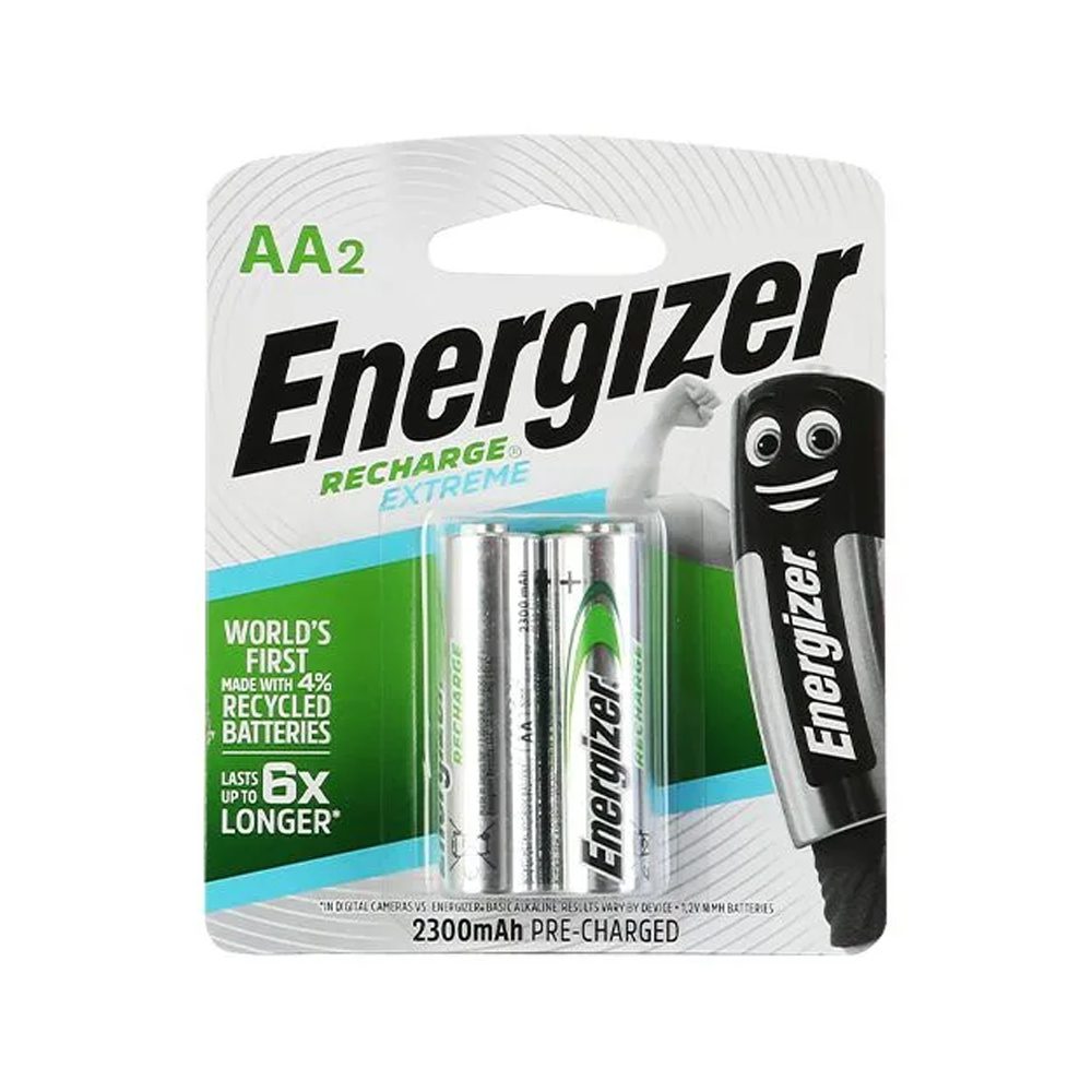 ENERGIZER AA rechargeable battery showing silver and black design with capacity markings on the label.