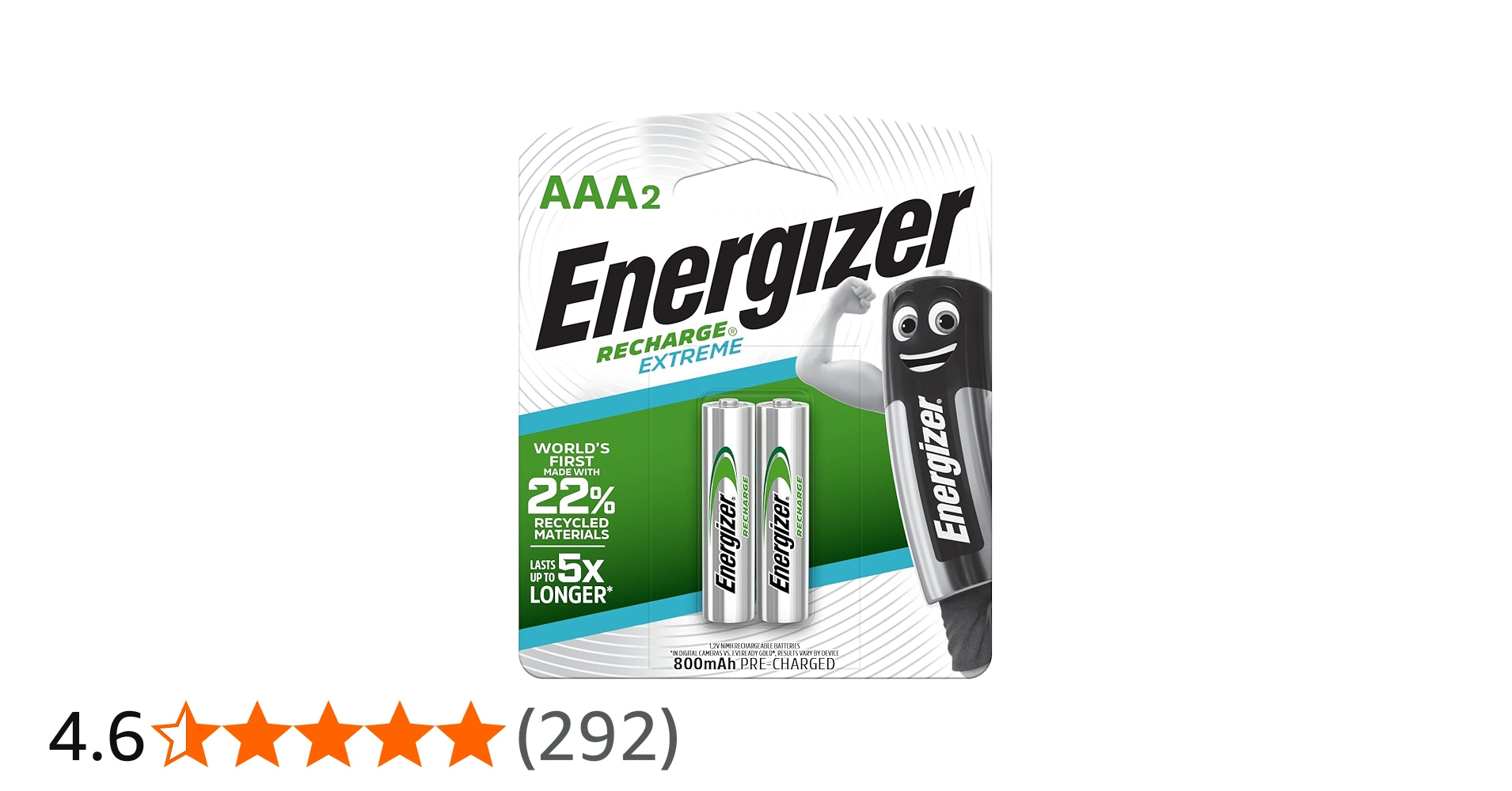 Energizer AAA rechargeable battery with silver and black design, shown with positive and negative terminals visible.