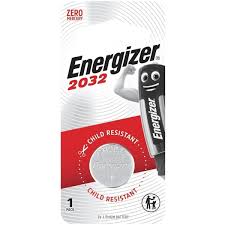 ENERGIZER 2032 battery, small silver coin cell with positive and negative terminals, for electronic devices.