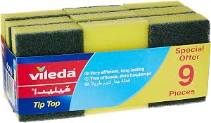"Vileda Tip Top Dish Washing Medium Foam Sponge Scourer Promo 9 Pcs, Long-Lasting and Durable, Sensitive Surfaces, Yellow & Green, (9 Pcs Per Pack)"