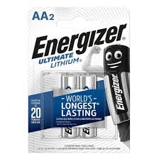 Energizer lithium AA battery showing silver and black design with positive and negative terminals visible