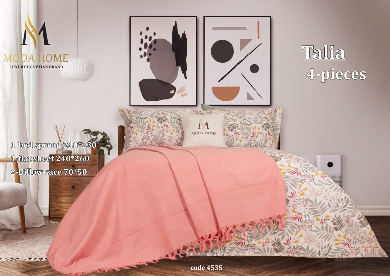 MODA HOME Talia 4-piece floral printed double coverlet set with colorful patterns on a bed, 240x260 cm size.