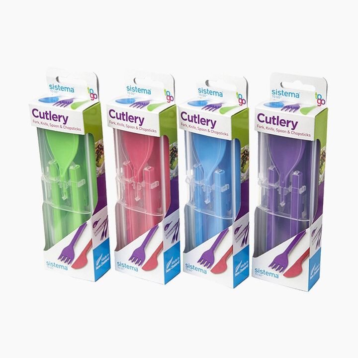Sistema 4-piece cutlery set including fork, spoon, and knife, showcasing stainless steel utensils for everyday dining.