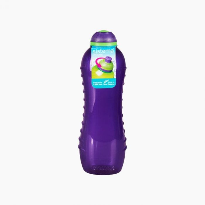 Sistema HYDRATE water bottle in clear plastic with a blue screw-on lid, designed for easy hydration on the go.