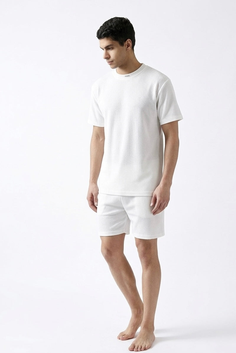Men's Dahab summer pajama set with plain round neck T-shirt and shorts, half sleeve and lightweight for warm weather.