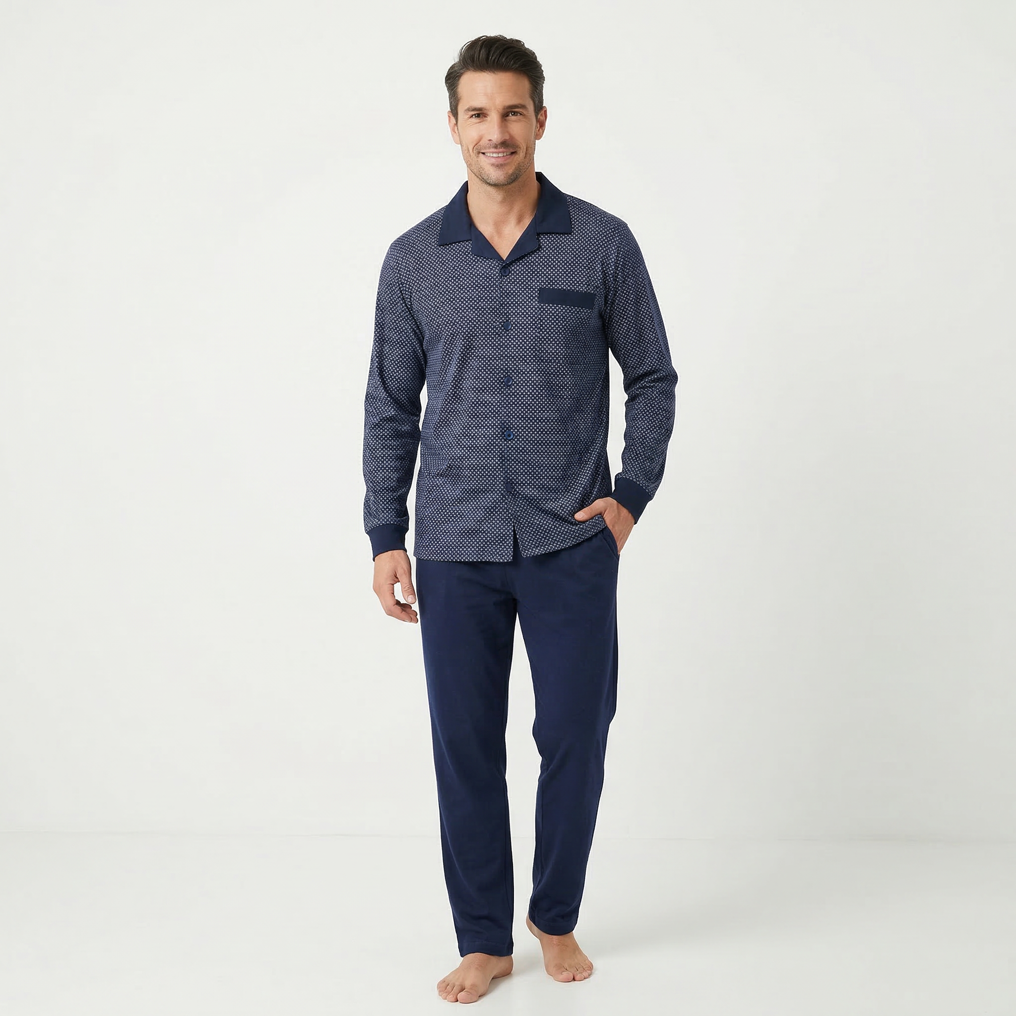 Cool H/S dotted classic pajama set featuring a long-sleeve top and matching pants with a stylish dotted pattern.