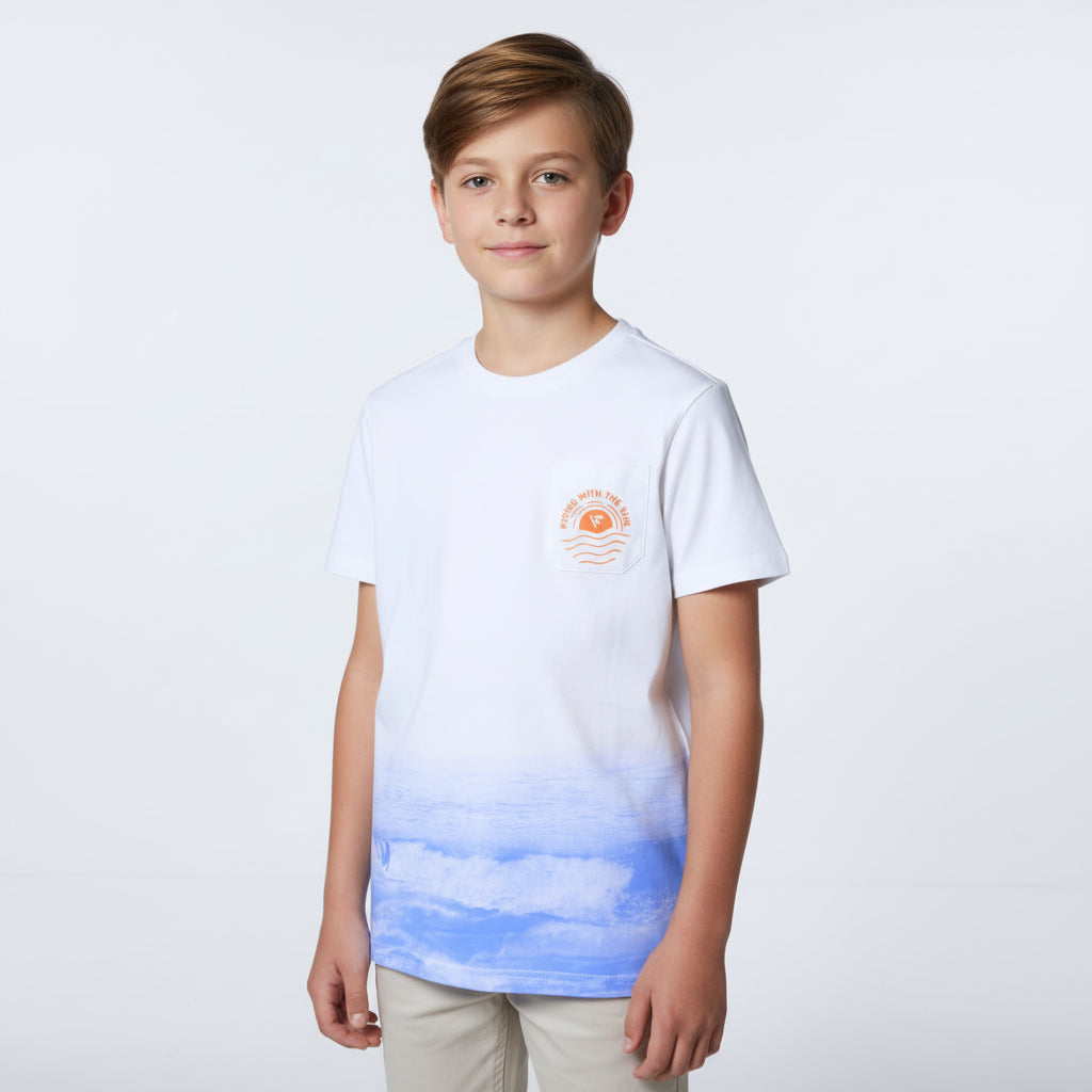Italiano WITH THE SUN short-sleeve T-shirt showing a vibrant sun graphic on light fabric.