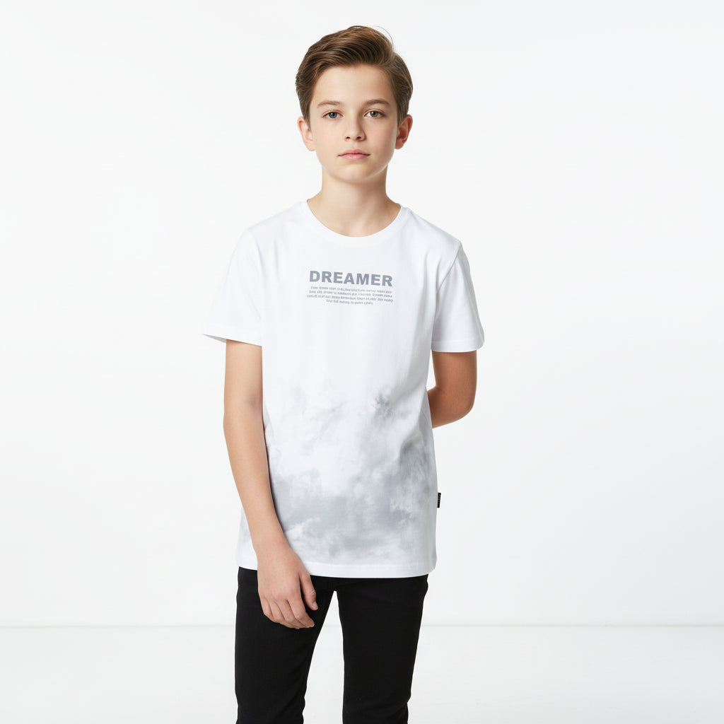 Light beige half-sleeve DREAMER T-shirt by ITALIANO, displayed on a hanger, showing a soft fabric and casual fit.