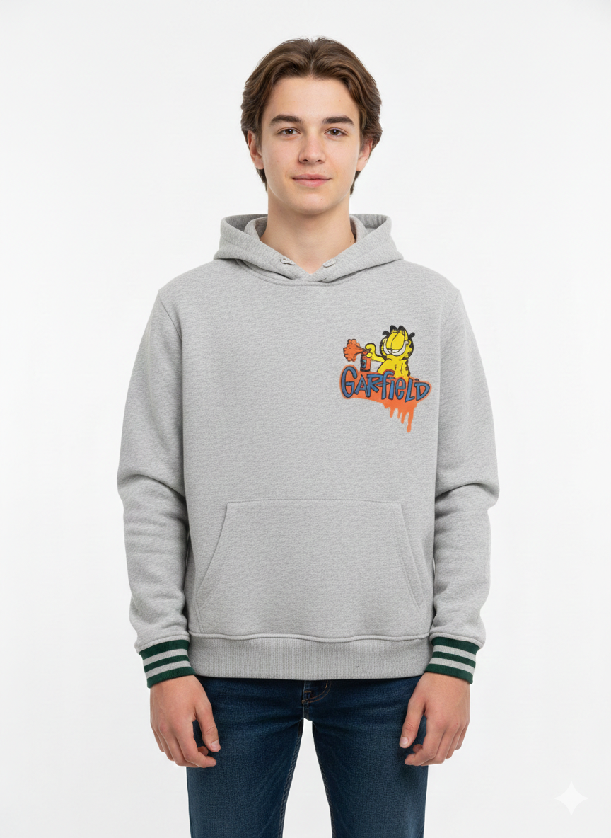 Hussein Youssef Garfield hoodie sweatshirt with cartoon Garfield print, casual long-sleeve pullover for fans of comic character.