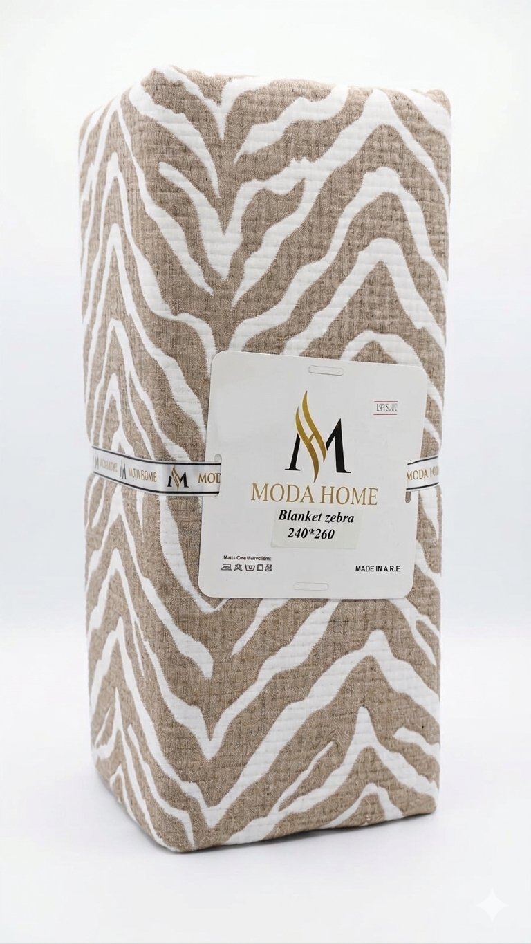 Zebra pattern 1-piece coverlet by MODA HOME, measuring 240x260 cm, with black and white animal print design.