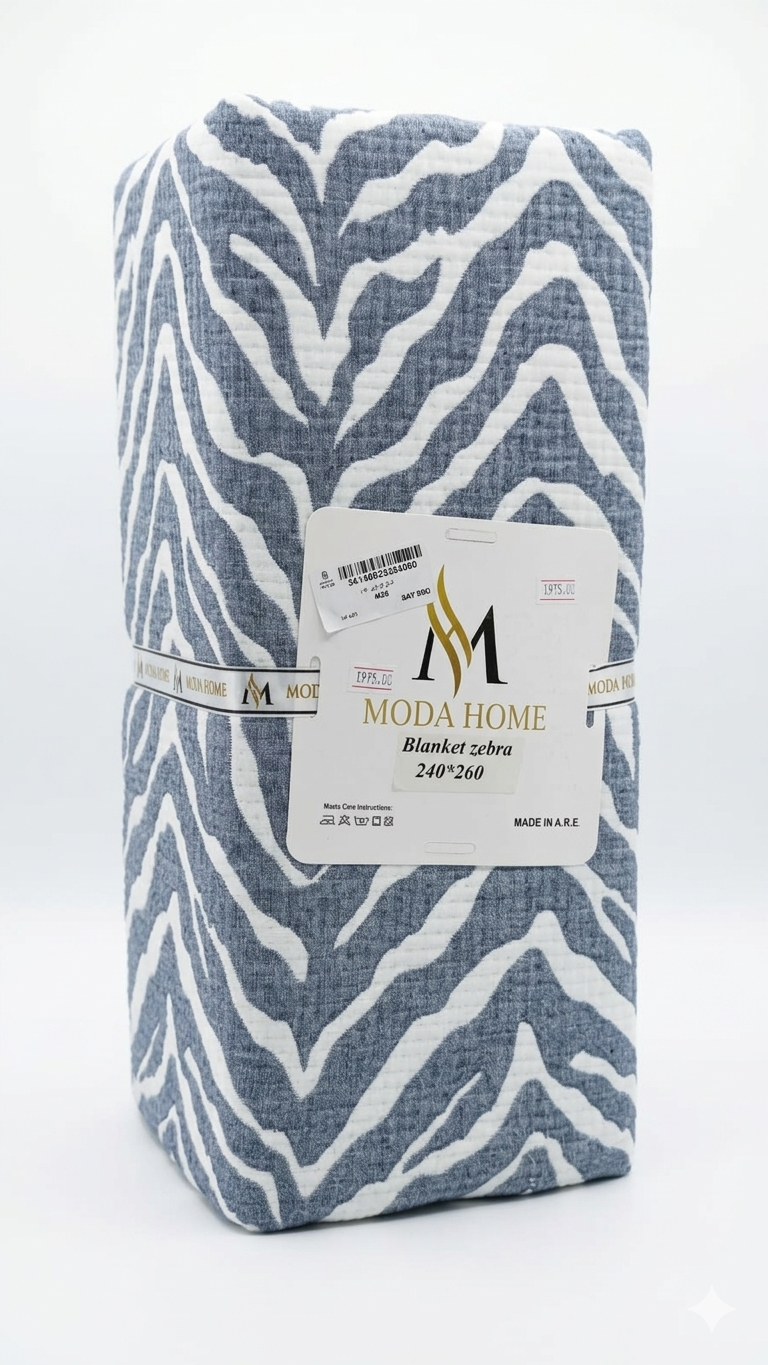 Zebra pattern 1-piece coverlet by MODA HOME, 240x260 cm, featuring bold black and white animal print design.