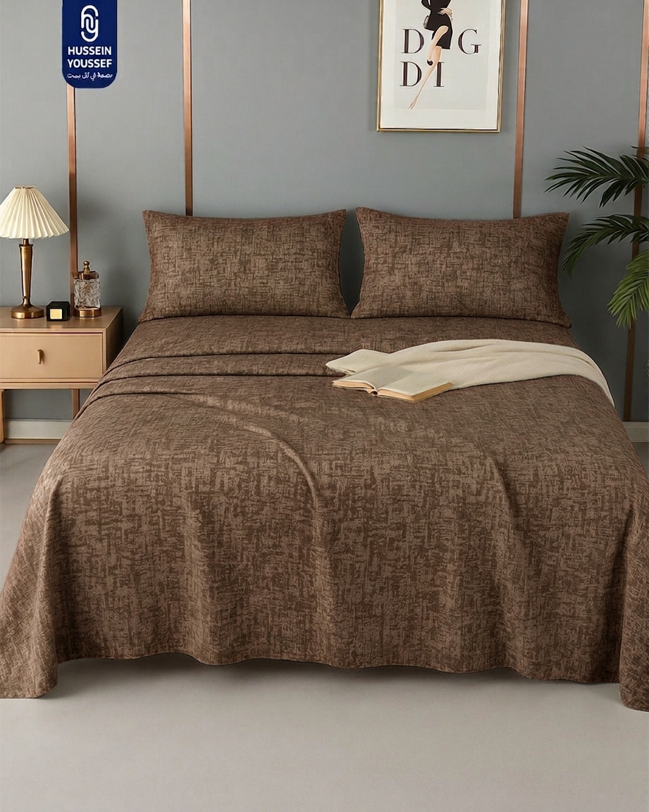 Golden 5-piece fitted sheet set made of 100% cotton, with a 260 cm bed sheet and matching pillowcases.