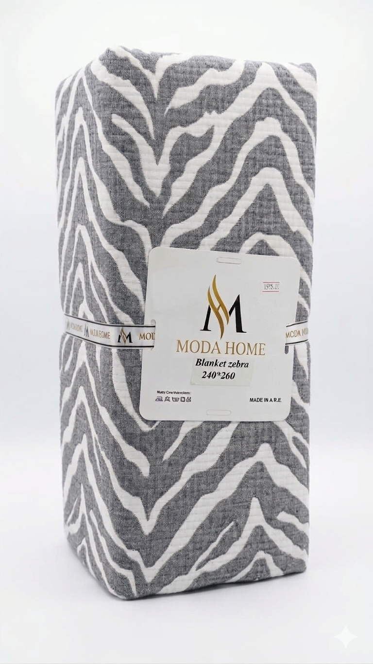 Zebra pattern 1-piece coverlet by MODA HOME, measuring 240x260 cm, featuring bold black and white animal print design.