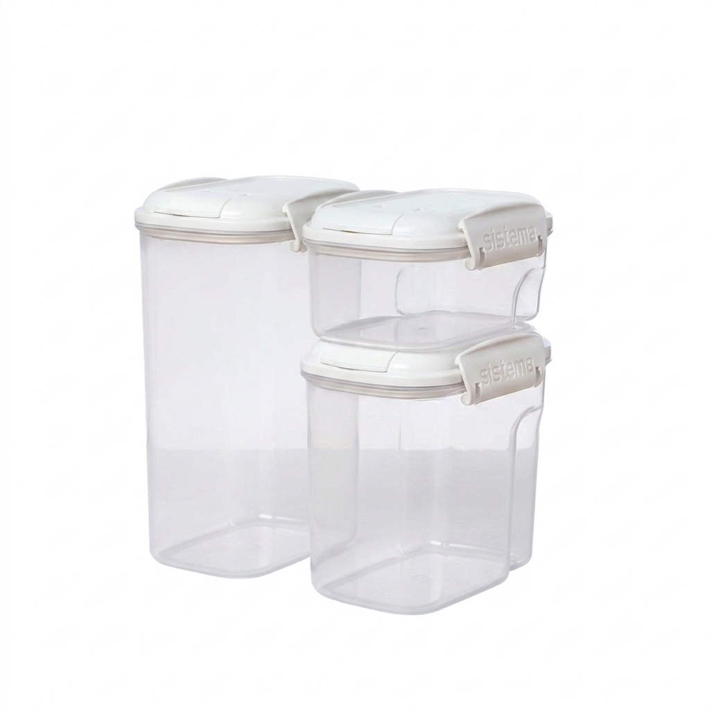 " Sistema Bake It Collection 3 Pack Stack & Pour, Plastic, Clear/White "