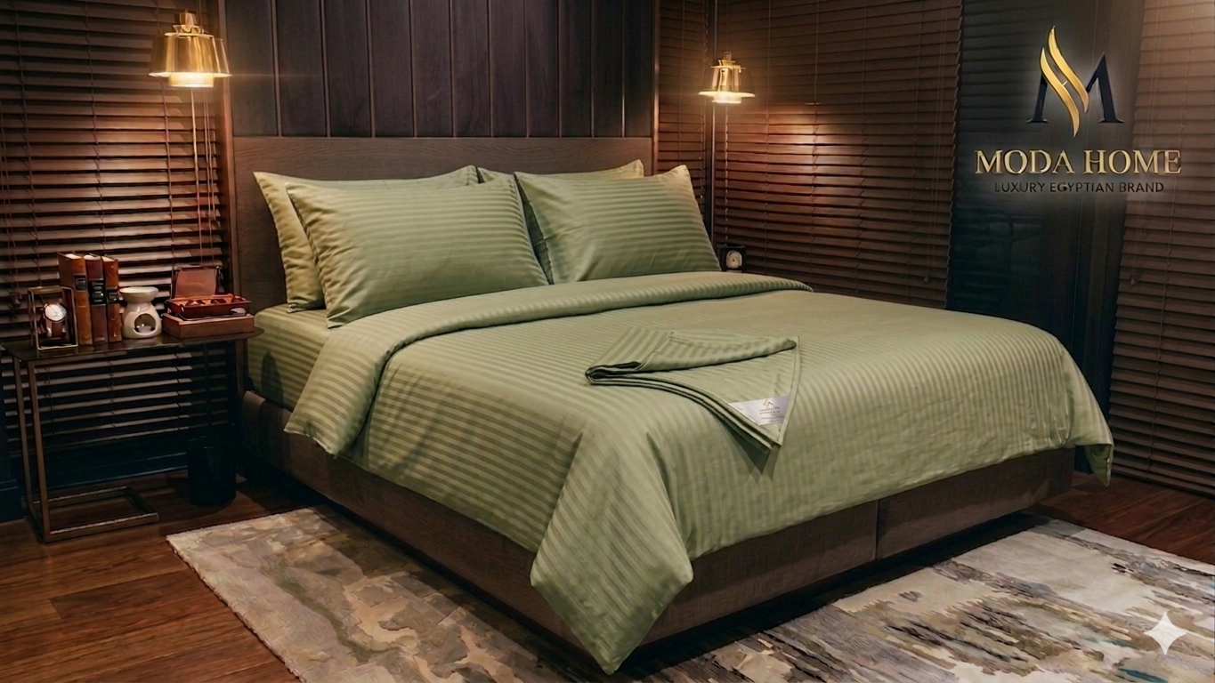 MODA HOME Stripe Flat Sheet Set 5-piece with striped pattern, including flat sheet, fitted sheet, and pillowcases in neutral fabric