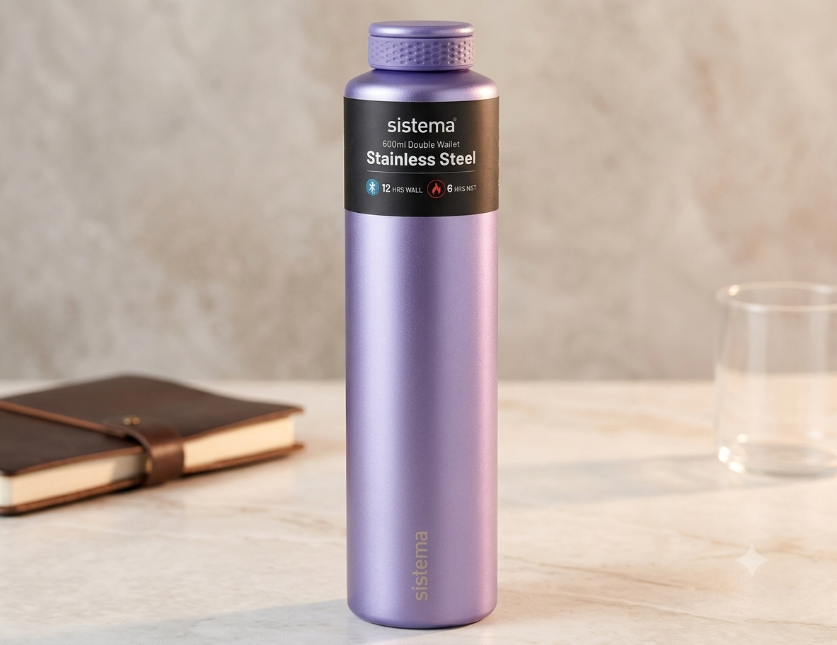 " Sistema Hydrate Stainless Steel Water Bottle | 600 ml | BPA-Free | Double Wall Vacuum Insulated Metal Water Bottle | Keeps Liquid Hot & Cool | Assorted Colours"