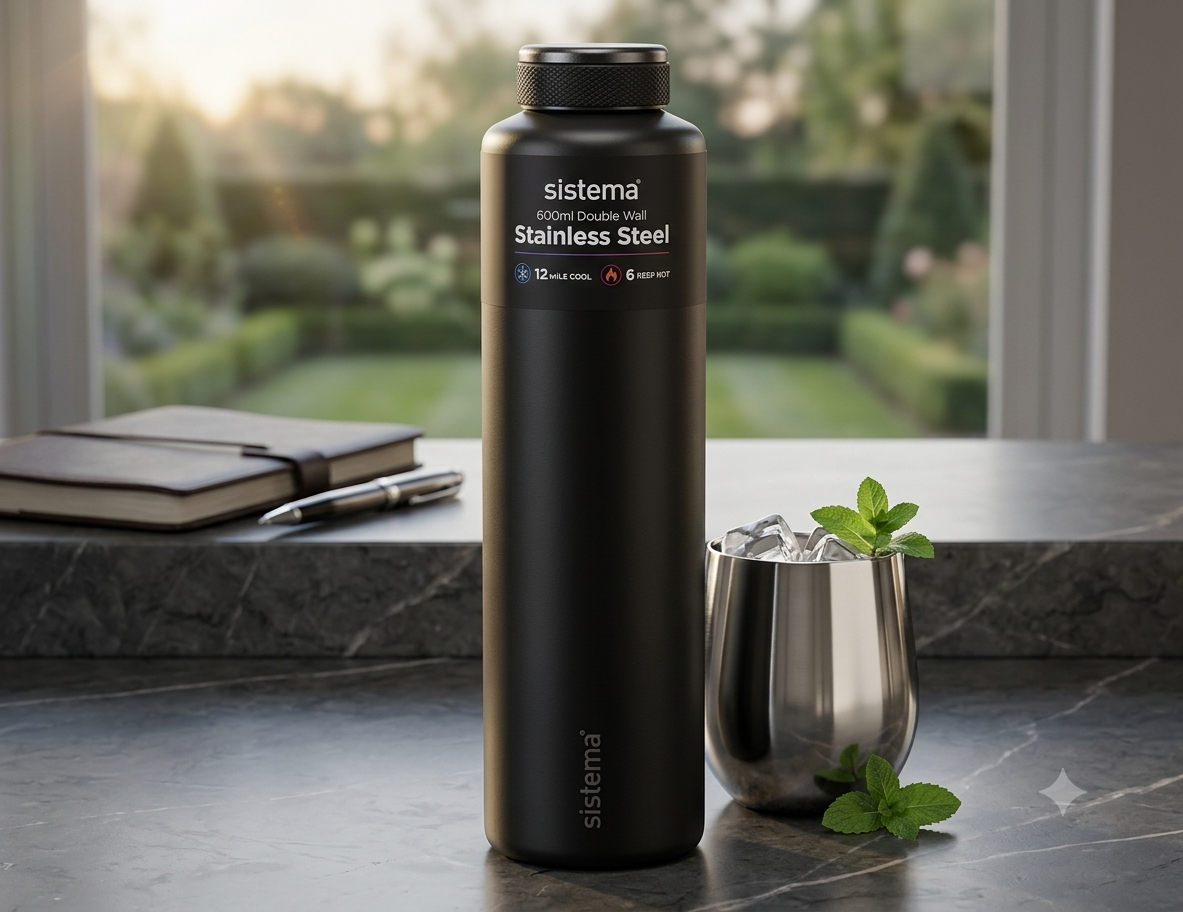 " Sistema Hydrate Stainless Steel Water Bottle | 600 ml | BPA-Free | Double Wall Vacuum Insulated Metal Water Bottle | Keeps Liquid Hot & Cool | Assorted Colours"