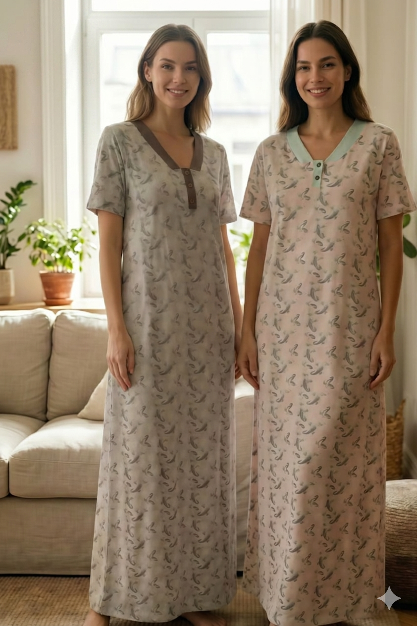 Pistache Flowers V-Neck H.S Nightshirt with floral pattern, soft fabric, and relaxed fit, perfect for comfortable nightwear.