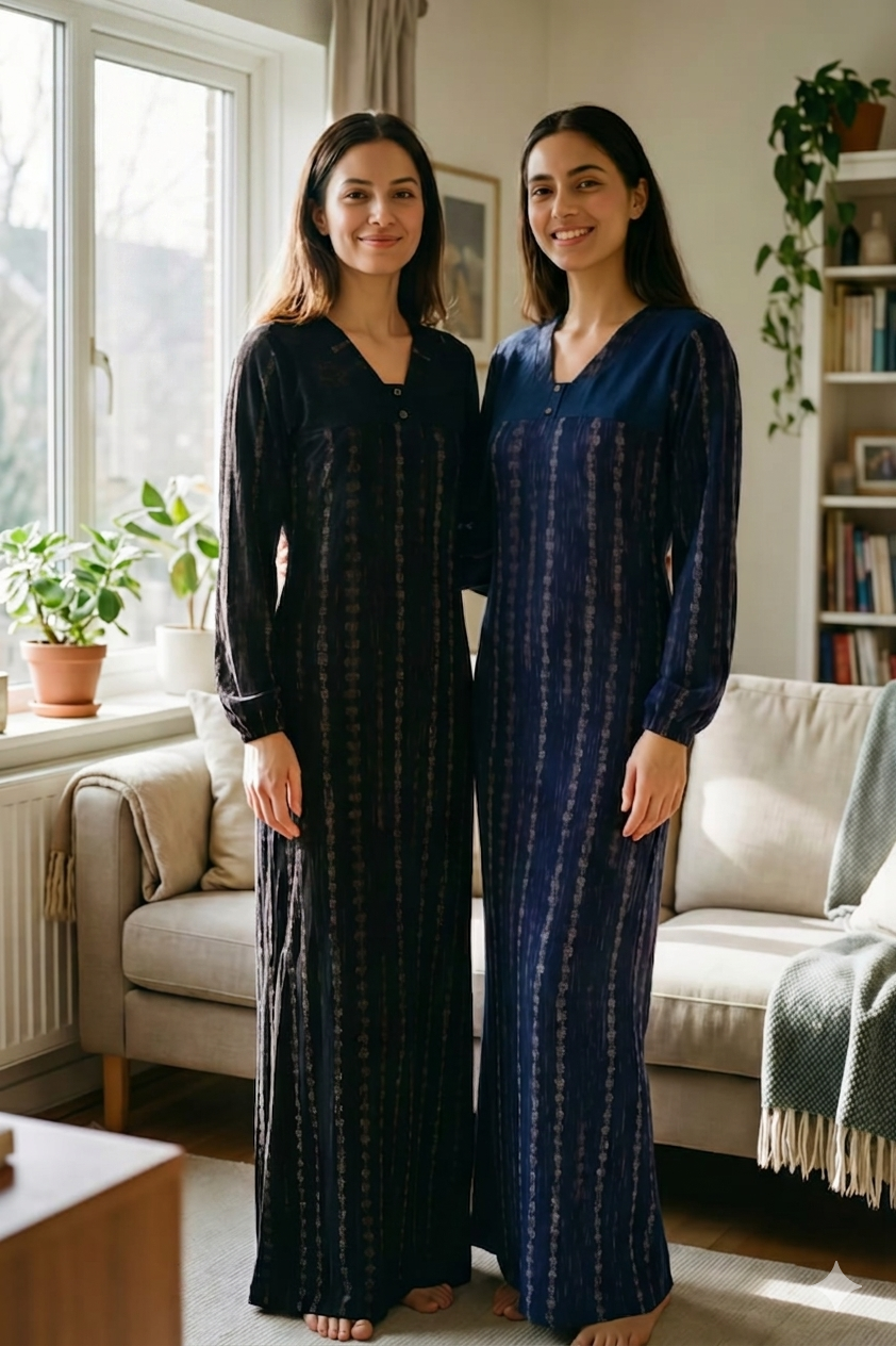 Pistache stripe V-neck jalabiya with colorful patterns, flowing fabric, and traditional Middle Eastern design.