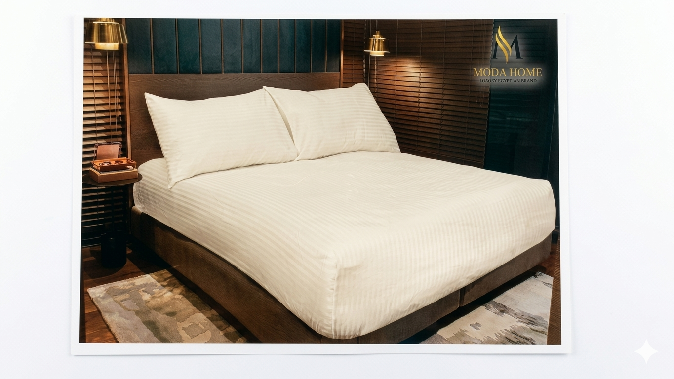 MODA HOME Stripe 3-piece fitted sheet set in 200cm size with blue and white stripe pattern on a bed.