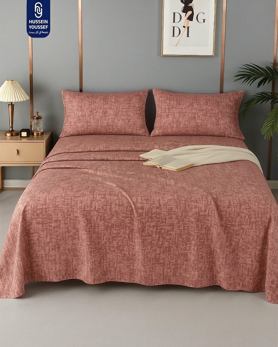 Golden cotton fitted sheet set with five pieces, including a 260 cm bed sheet and matching pillowcases.