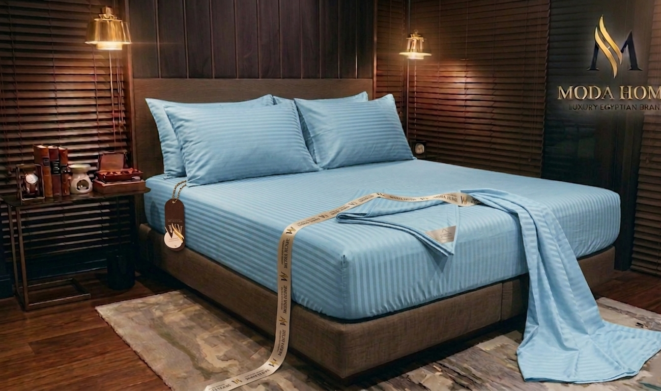 MODA HOME Stripe fitted sheet set in 200 cm size, showing a neatly made bed with striped bedding in a modern bedroom setting.
