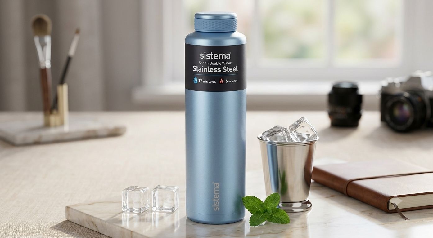 " Sistema Hydrate Stainless Steel Water Bottle | 600 ml | BPA-Free | Double Wall Vacuum Insulated Metal Water Bottle | Keeps Liquid Hot & Cool | Assorted Colours"